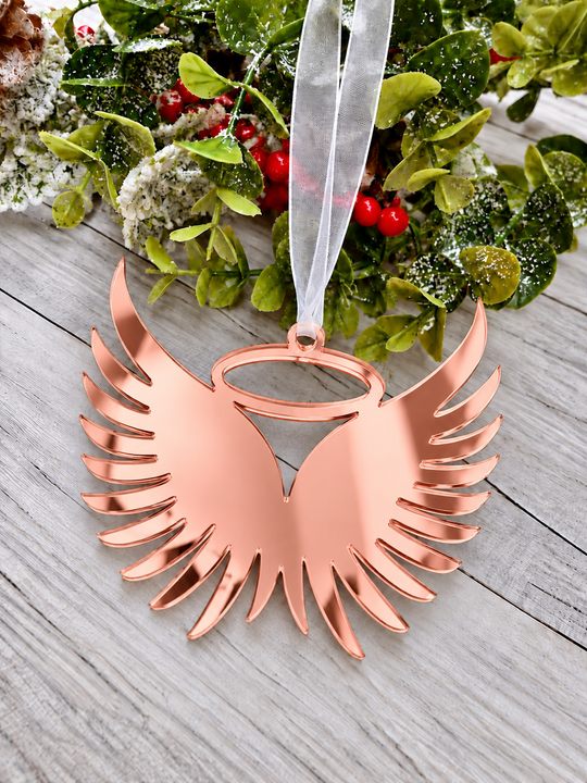 Angel wings in memory Christmas decoration in rose gold mirrored acrylic, plain