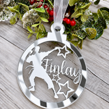 Load image into Gallery viewer, Personalised karate Christmas decoration in silver mirrored acrylic