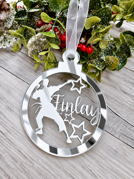 Personalised karate Christmas decoration in silver mirrored acrylic