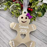 Load image into Gallery viewer, Personalised gingerbread lady Christmas decoration in silver mirrored acrylic