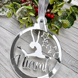 Load image into Gallery viewer, Personalised gymnast Christmas decoration in silver mirrored acrylic