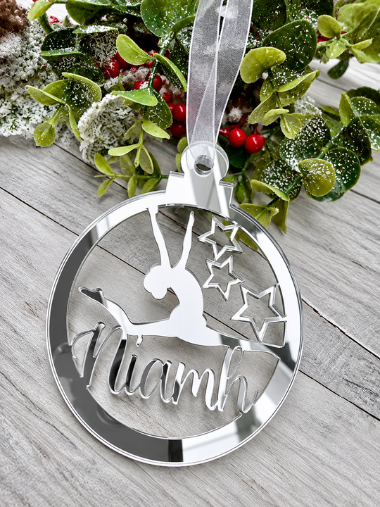Personalised gymnast Christmas decoration in silver mirrored acrylic