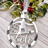 Load image into Gallery viewer, Personalised snowboarder Christmas decoration in silver mirrored acrylic