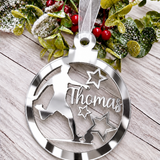 Load image into Gallery viewer, Personalised footballer Christmas decoration in silver mirrored acrylic