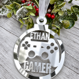 Load image into Gallery viewer, Personalised gamer Christmas decoration in silver mirrored acrylic