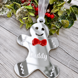 Load image into Gallery viewer, Personalised gingerbread man Christmas decoration in silver mirrored acrylic