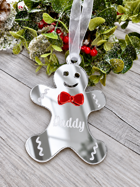 Personalised gingerbread man Christmas decoration in silver mirrored acrylic