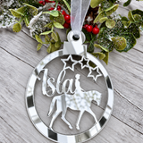 Load image into Gallery viewer, Personalised horse rider Christmas decoration in silver mirrored acrylic