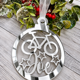 Load image into Gallery viewer, Personalised cyclist Christmas decoration in silver mirrored acrylic