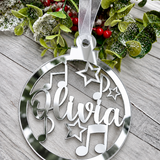 Load image into Gallery viewer, Personalised music notes Christmas decoration in silver mirrored acrylic