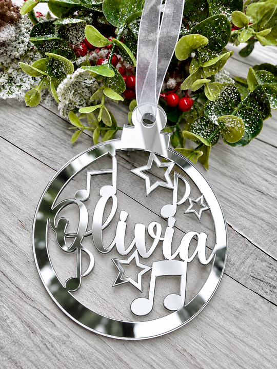 Personalised music notes Christmas decoration in silver mirrored acrylic