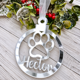 Load image into Gallery viewer, Personalised paw print Christmas decoration in silver mirrored acrylic