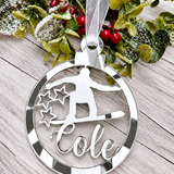 Load image into Gallery viewer, Personalised snowboarder Christmas decoration in silver mirrored acrylic