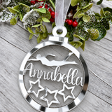 Load image into Gallery viewer, Personalised swimmer Christmas decoration in silver mirrored acrylic