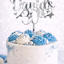 Load image into Gallery viewer, Personalised silver mirror acrylic birthday cake topper with custom name and age on white celebration cake with blue buttercream and silver decorations.