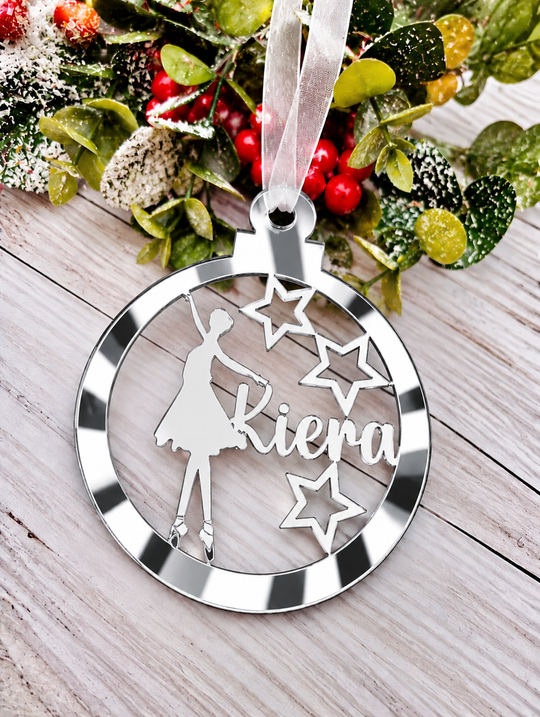 Personalised ballerina Christmas decoration in silver mirrored acrylic
