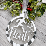 Load image into Gallery viewer, Personalised rugby Christmas decoration in silver mirrored acrylic