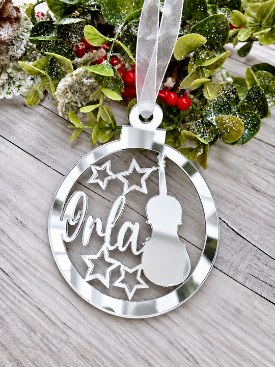 Personalised music Christmas decoration in silver mirrored acrylic