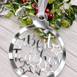 Load image into Gallery viewer, Personalised Best Teacher bauble Christmas decoration in silver mirrored acrylic