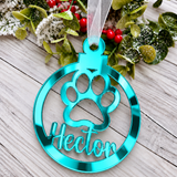 Load image into Gallery viewer, Personalised paw print Christmas decoration in teal mirrored acrylic