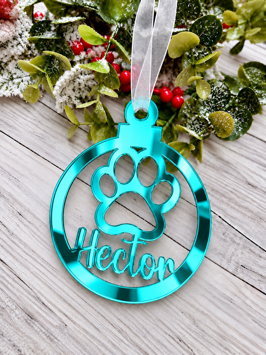 Personalised paw print Christmas decoration in teal mirrored acrylic
