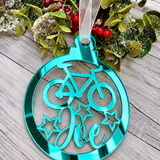Load image into Gallery viewer, Personalised cyclist Christmas decoration in teal mirrored acrylic