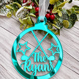 Load image into Gallery viewer, Personalised golf Christmas decoration in teal mirrored acrylic