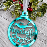 Load image into Gallery viewer, Personalised swimmer Christmas decoration in teal mirrored acrylic