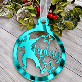 Load image into Gallery viewer, Personalised karate Christmas decoration in teal mirrored acrylic