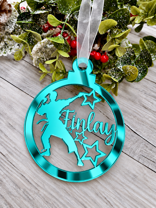 Personalised karate Christmas decoration in teal mirrored acrylic