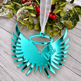 Load image into Gallery viewer, Angel wings in memory Christmas decoration in teal mirrored acrylic engraved with a name