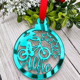 Load image into Gallery viewer, Personalised BMX Christmas decoration in teal mirrored acrylic