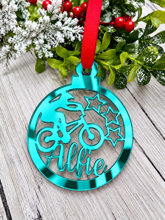 Personalised BMX Christmas decoration in teal mirrored acrylic