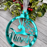 Load image into Gallery viewer, Personalised gymnast Christmas decoration in teal mirrored acrylic