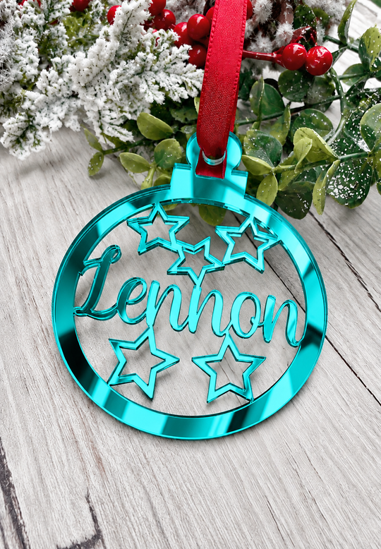 Personalised star Christmas decoration in teal mirrored acrylic