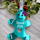 Load image into Gallery viewer, Personalised gingerbread lady Christmas decoration in teal mirrored acrylic