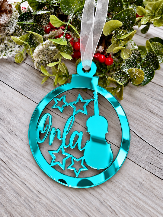 Personalised music Christmas decoration in teal mirrored acrylic