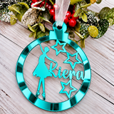Load image into Gallery viewer, Personalised ballerina Christmas decoration in teal mirrored acrylic