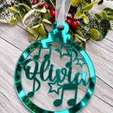 Load image into Gallery viewer, Personalised music notes Christmas decoration in teal mirrored acrylic