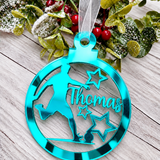 Load image into Gallery viewer, Personalised footballer Christmas decoration in teal mirrored acrylic