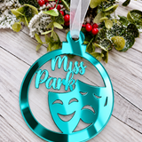 Load image into Gallery viewer, Personalised drama Christmas decoration in teal mirrored acrylic