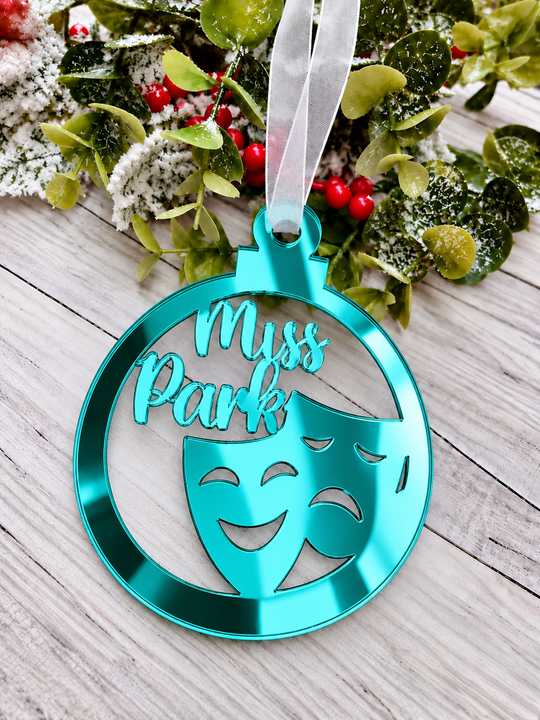 Personalised drama Christmas decoration in teal mirrored acrylic