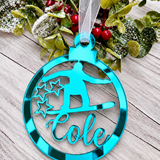 Load image into Gallery viewer, Personalised snowboarder Christmas decoration in teal mirrored acrylic