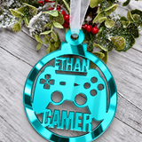 Load image into Gallery viewer, Personalised gamer Christmas decoration in teal mirrored acrylic