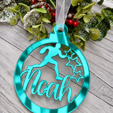 Load image into Gallery viewer, Personalised rugby Christmas decoration in teal mirrored acrylic