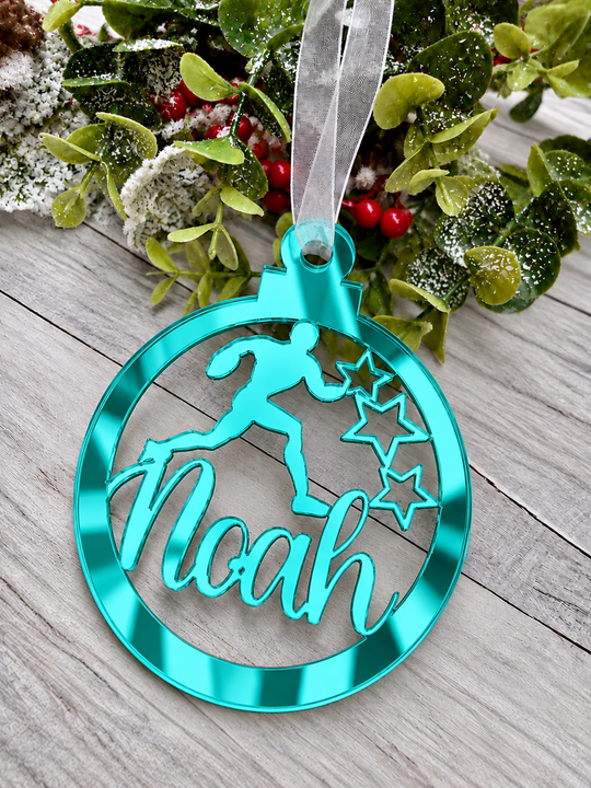 Personalised rugby Christmas decoration in teal mirrored acrylic