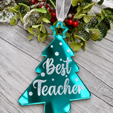 Load image into Gallery viewer, Personalised Best Teacher tree Christmas decoration in teal mirrored acrylic