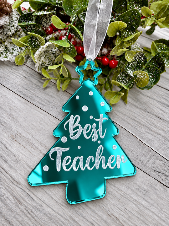 Personalised Best Teacher tree Christmas decoration in teal mirrored acrylic