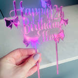 Load image into Gallery viewer, Pink mirrored acrylic personalised cake topper reading “Happy 12th Birthday Ella” displayed on a ice cream drip otake with flakes
