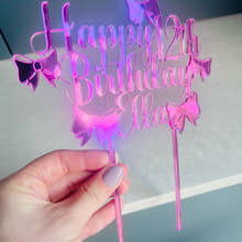 Load image into Gallery viewer, Pink mirrored acrylic personalised cake topper reading “Happy 12th Birthday Ella” displayed on a ice cream drip otake with flakes
